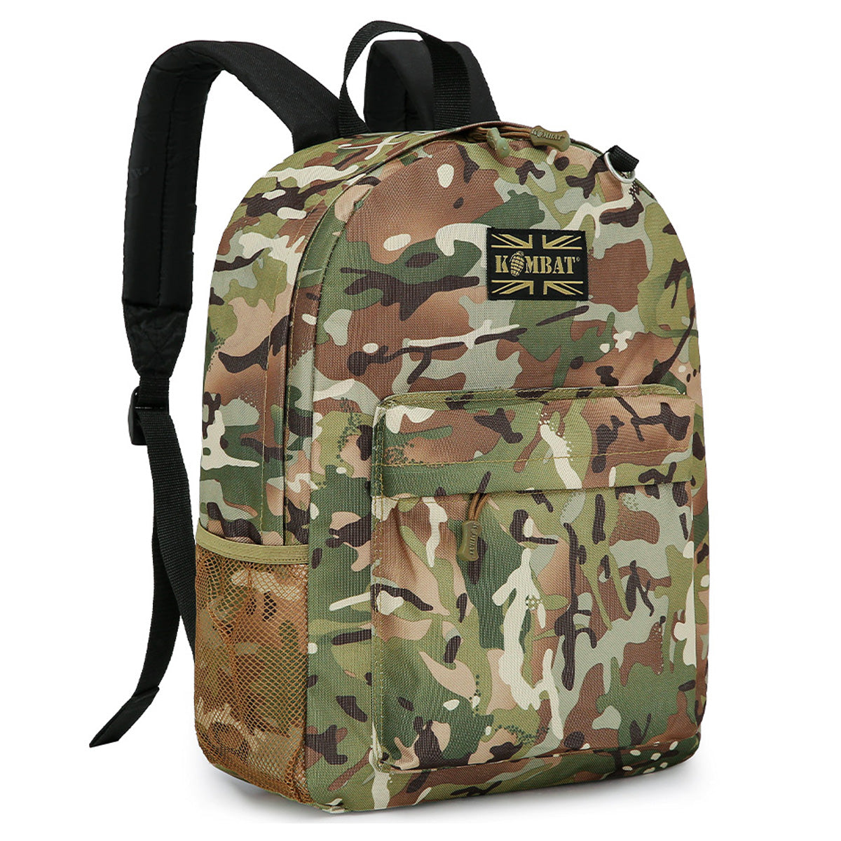 Angled view of the Kombat 18L Street Kids Army Rucksack in camouflage, highlighting its spacious compartments and sturdy design for outdoor use.