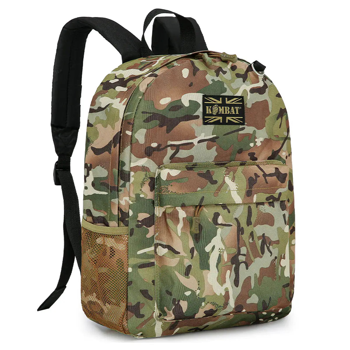 Angled view of the Kombat 18L Street Kids Army Rucksack in camouflage, highlighting its spacious compartments and sturdy design for outdoor use. from John Bull Clothing