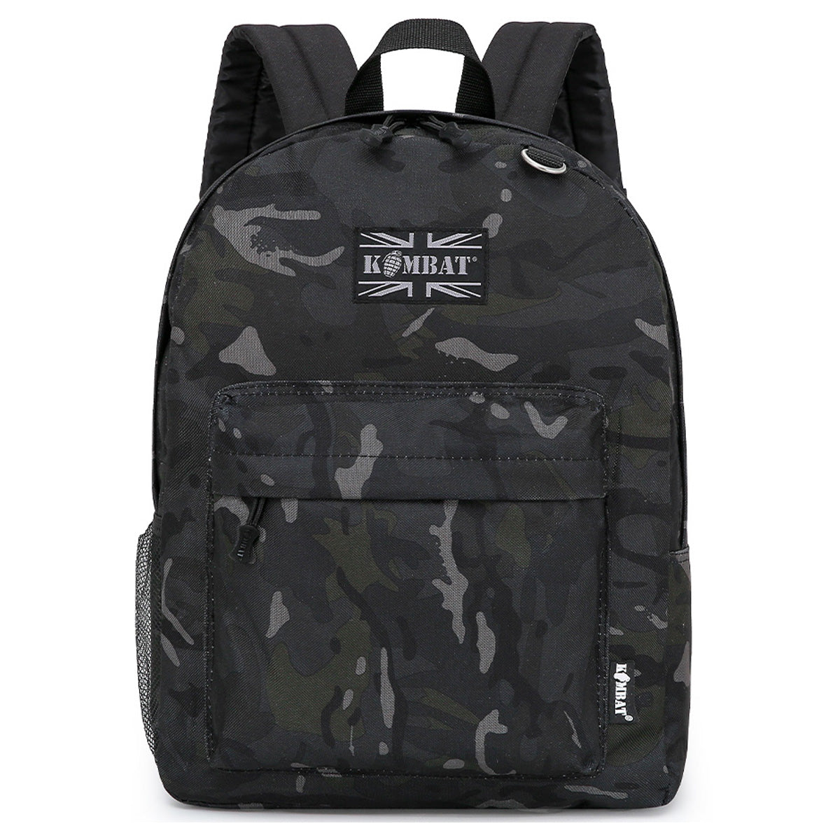 Kombat 18L Street Kids Army Rucksack in black camo pattern, featuring a front zip pocket and sturdy design. Great for school and outdoor activities.