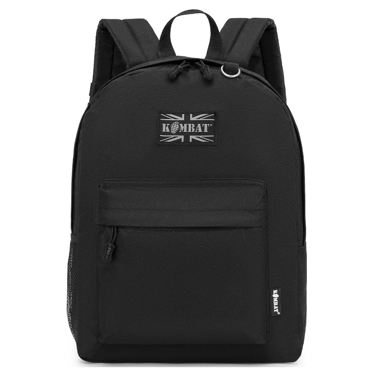 Kombat 18L Street Kids Army Rucksack in black with a front zip pocket and padded straps. A versatile and durable backpack for everyday use.