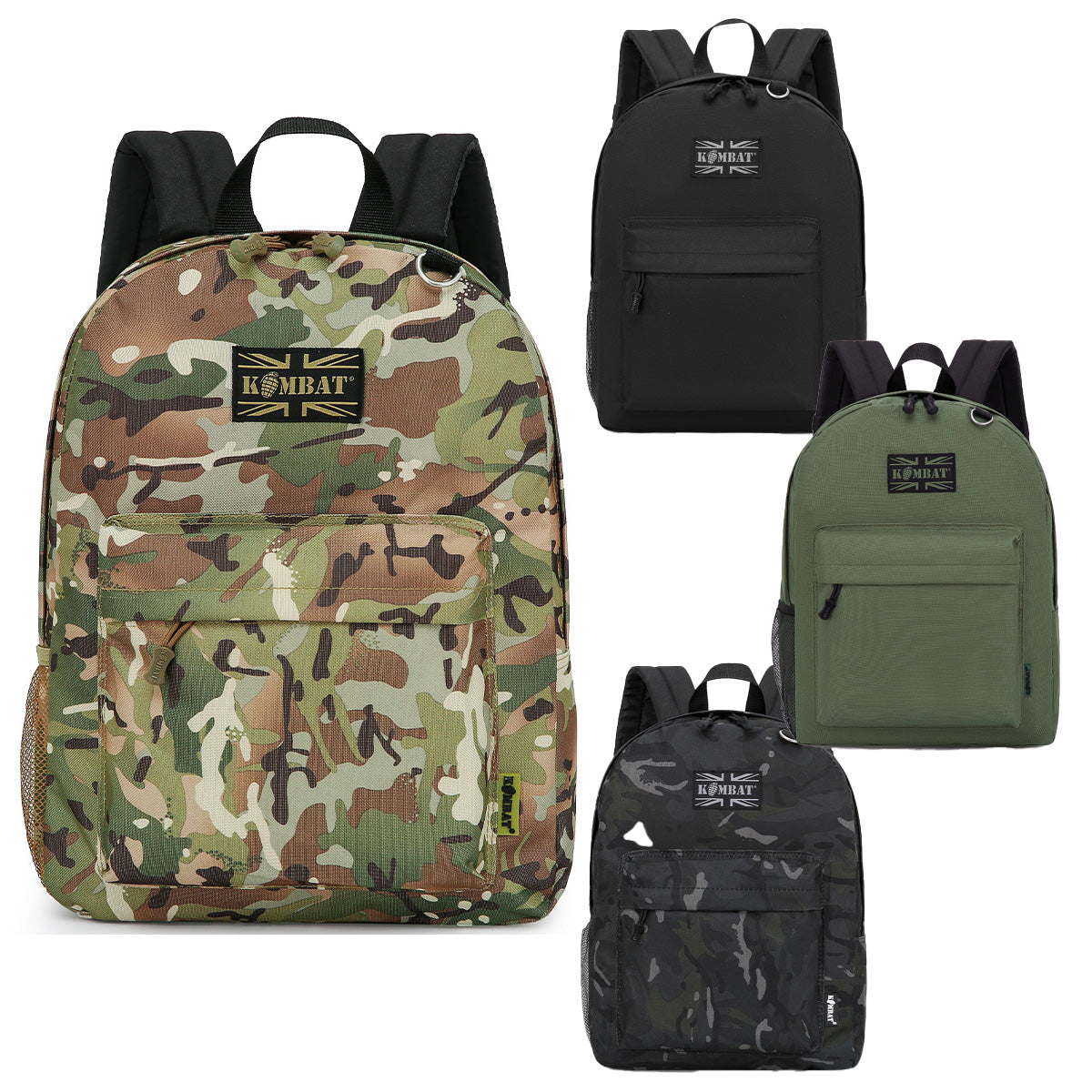 Kombat 18L Street Kids Army Rucksack in four colors, ideal for school, hikes, and outdoor activities. Durable polyester design with multiple compartments.