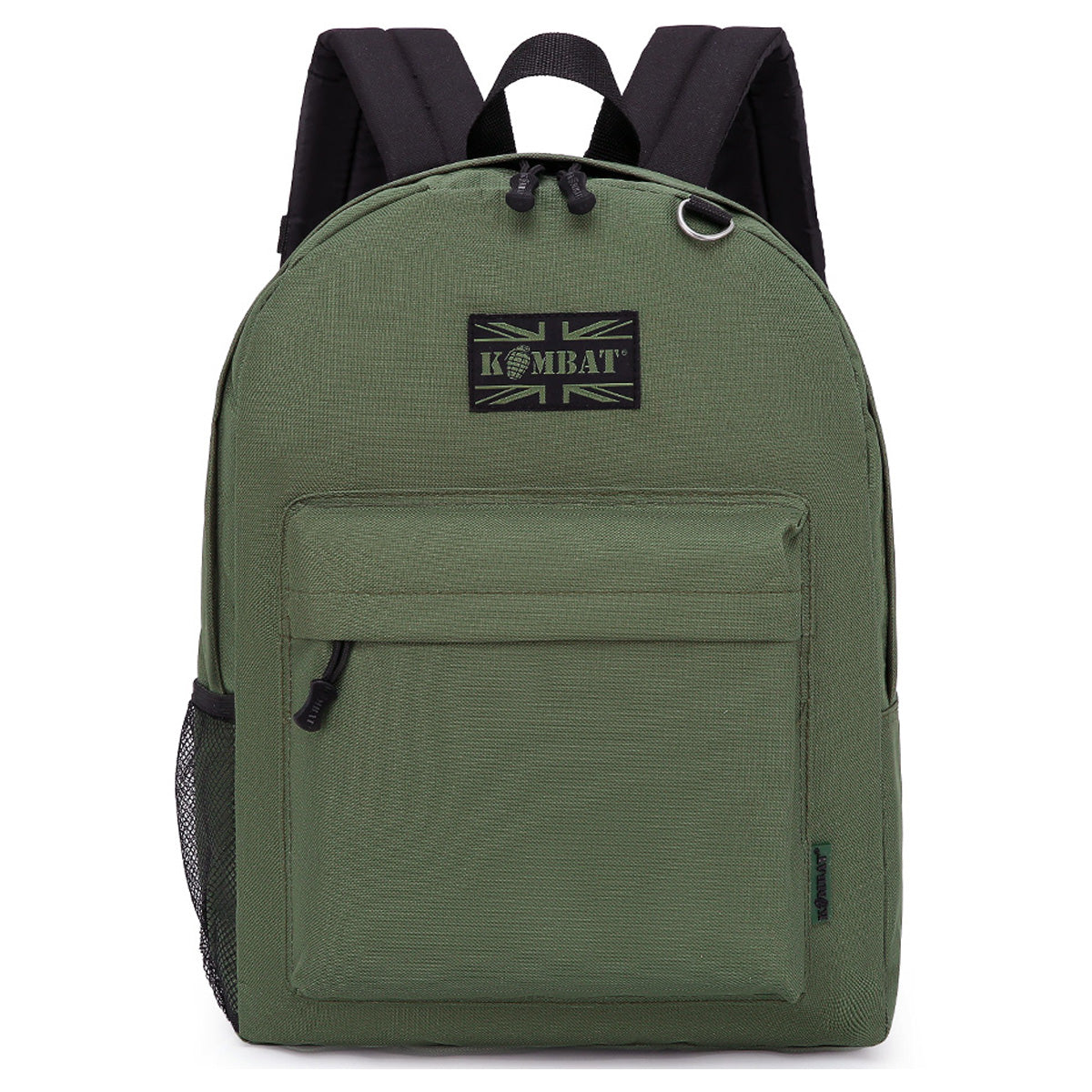 Kombat 18L Street Kids Army Rucksack in olive green with front pocket and mesh side pocket. Perfect for school, day hikes, and outdoor adventures.