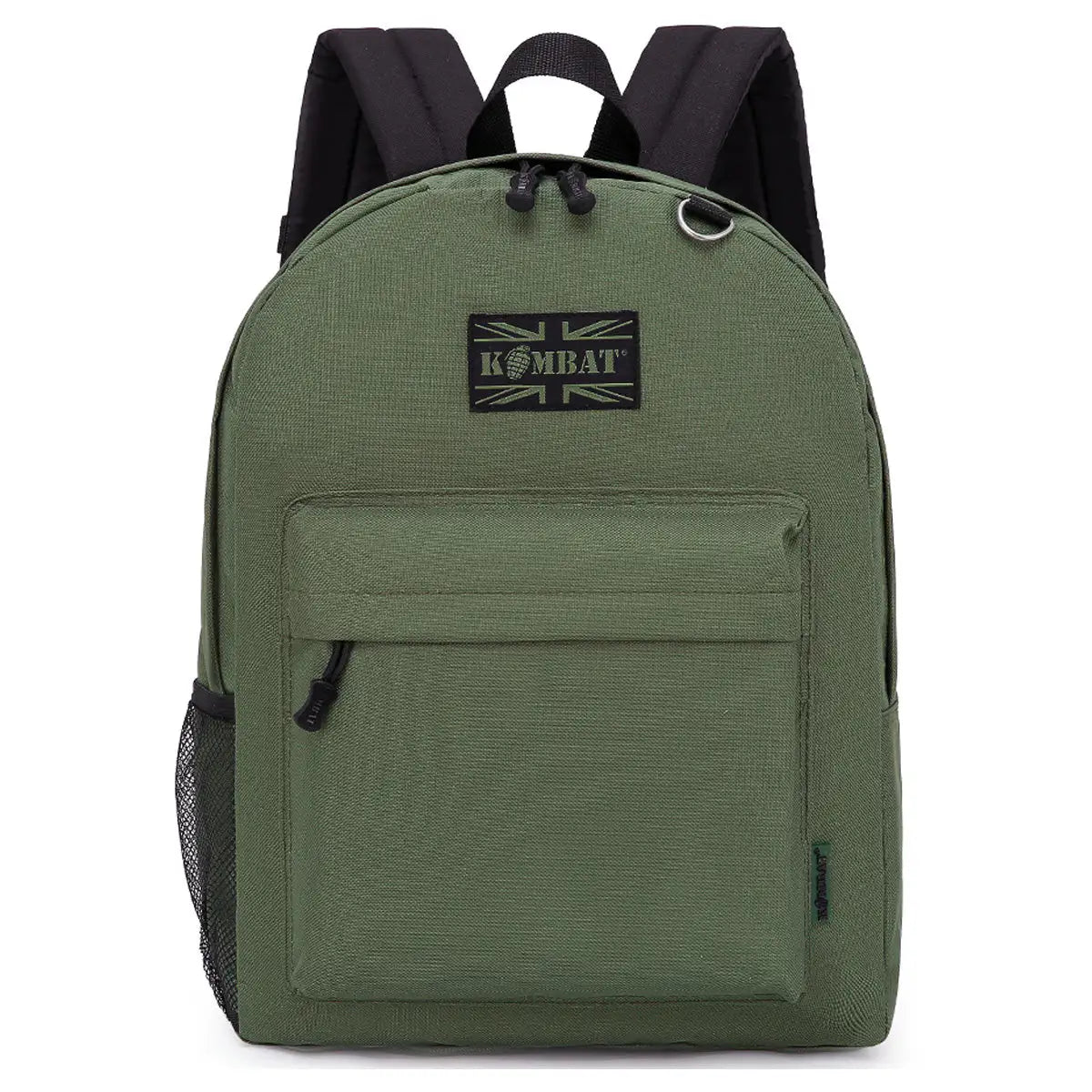 Kombat 18L Street Kids Army Rucksack in olive green with front pocket and mesh side pocket. Perfect for school, day hikes, and outdoor adventures. Olive Green from John Bull Clothing