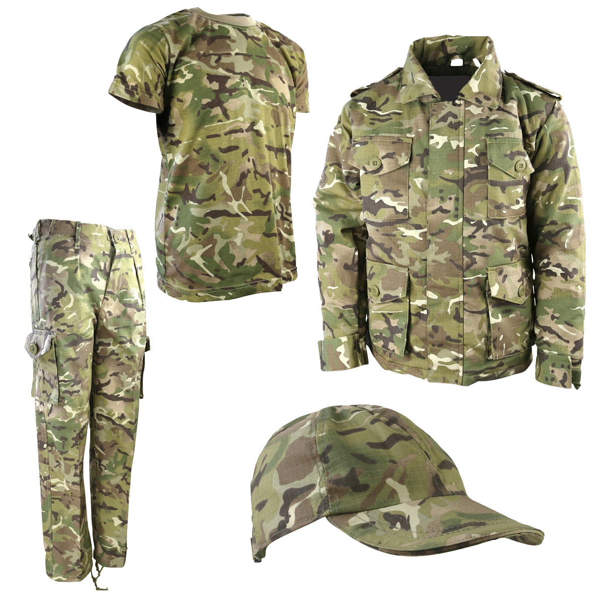 Kombat Kids Adventurer Army Clothing Set BTP featuring a camouflage jacket, t-shirt, trousers, and cap for outdoor adventures.