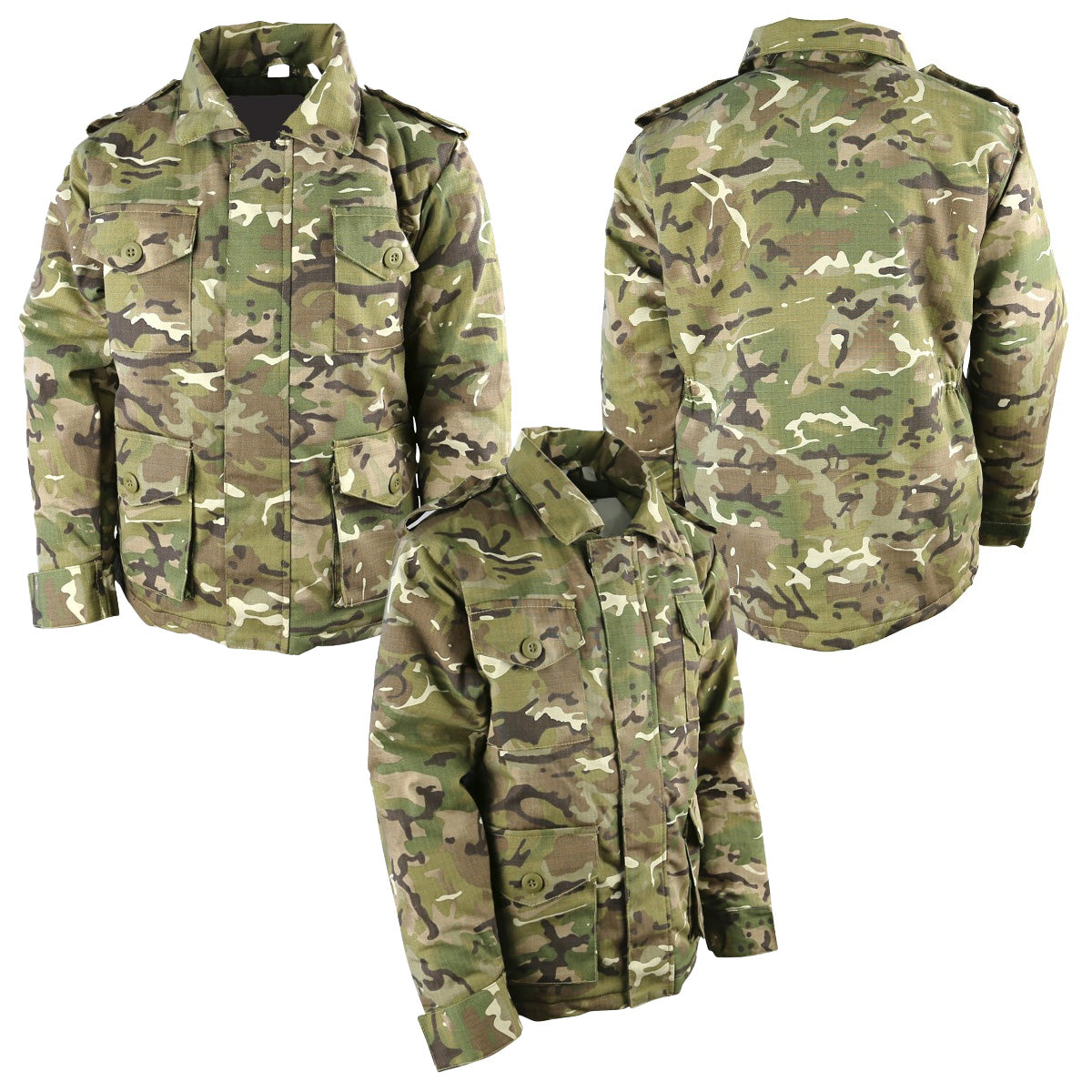 Kombat Kids Adventurer Army Jacket BTP with multiple pockets and epaulets, designed for durability and outdoor activities.