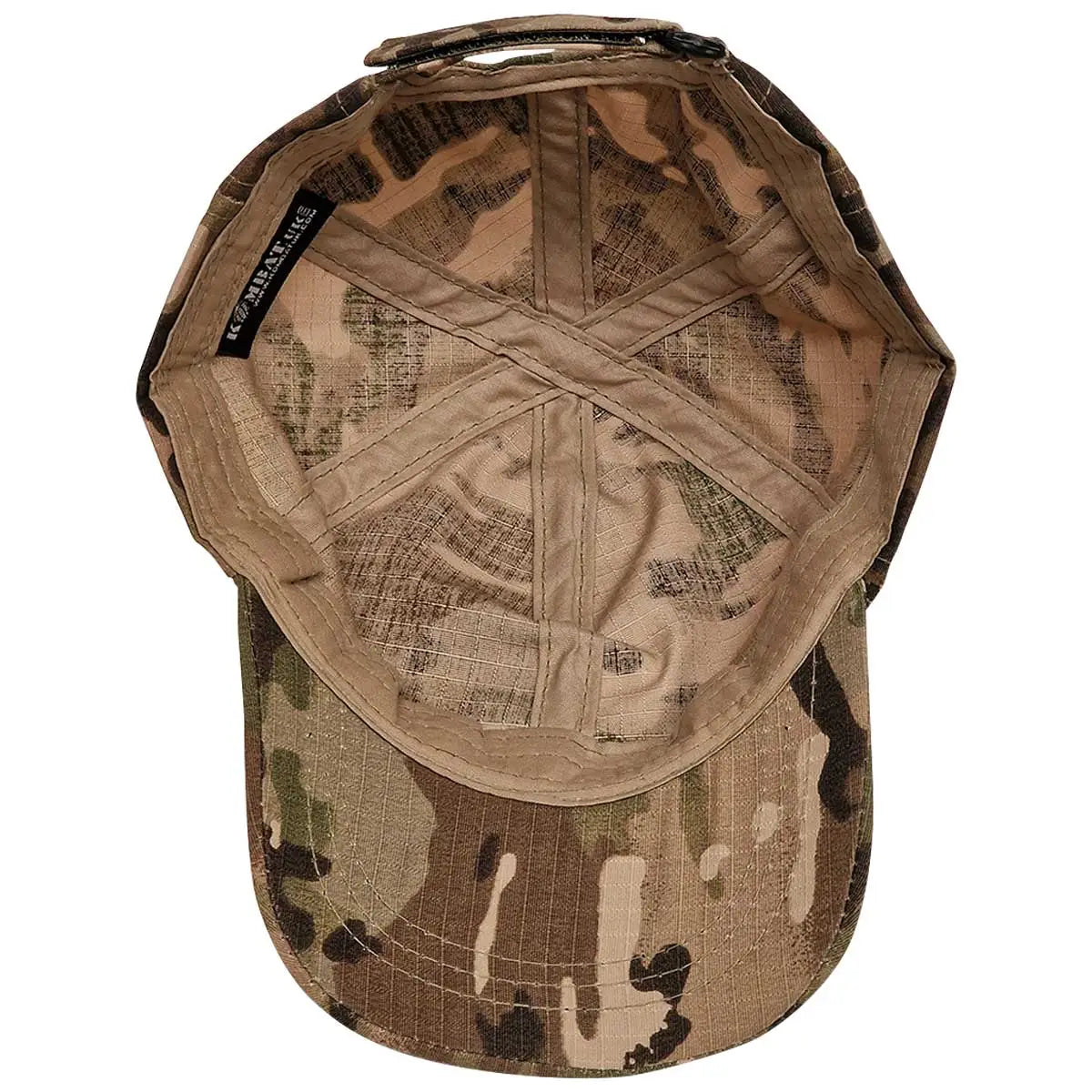 Interior view of kids camouflage baseball cap showing lining and size tag
