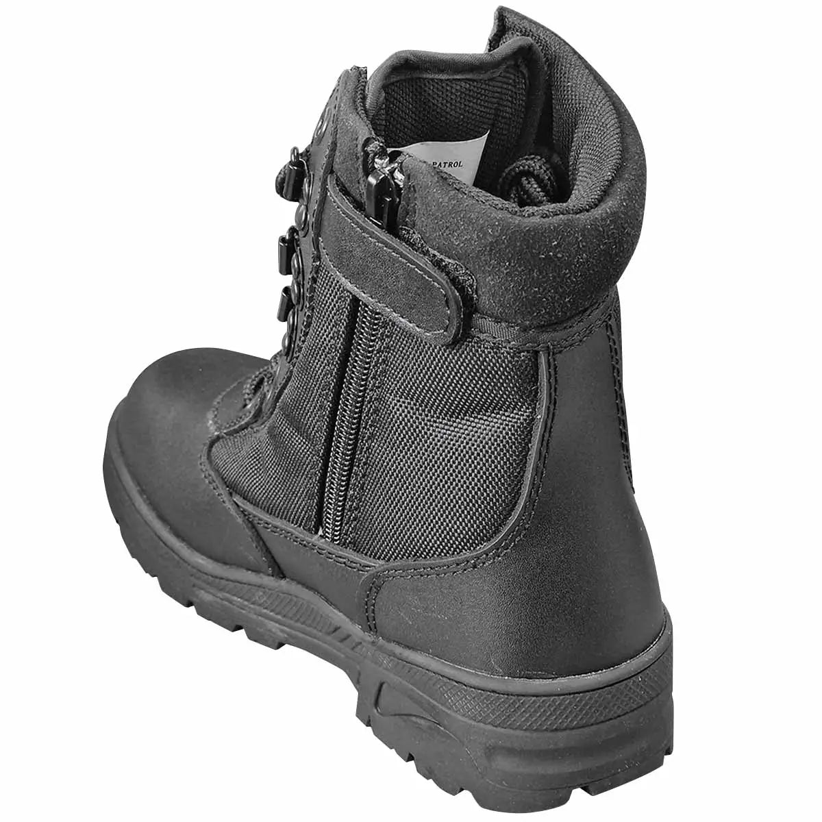Angled rear view of Kombat Kids Half Leather Patrol Black Boot with visible side zip and padded ankle support for added comfort.