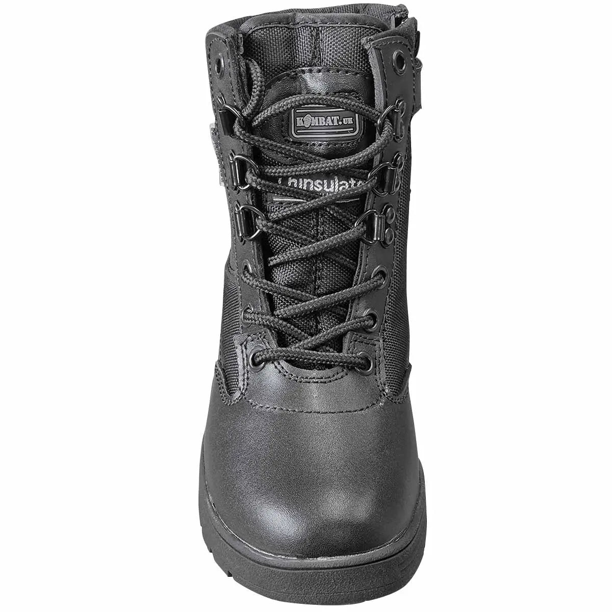 Front view of Kombat Kids Half Leather Patrol Black Boot with secure lacing and Thinsulate insulation branding for warmth and comfort.