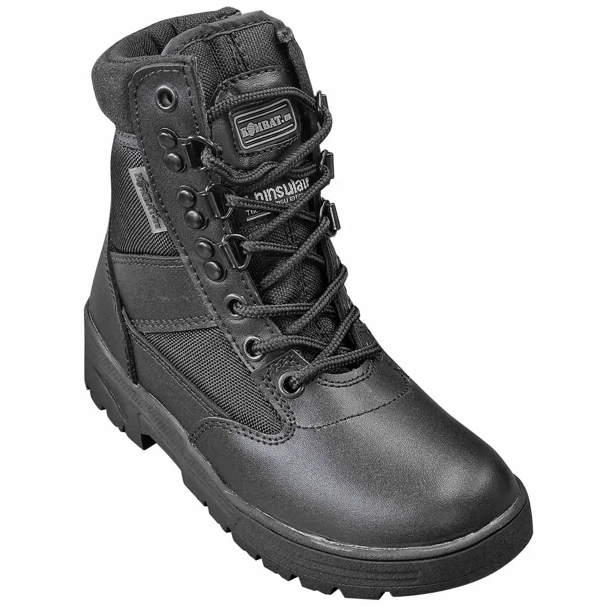 Single Kombat Kids Half Leather Patrol Black Boot showcasing durable leather and nylon upper with reinforced eyelets and ankle support.