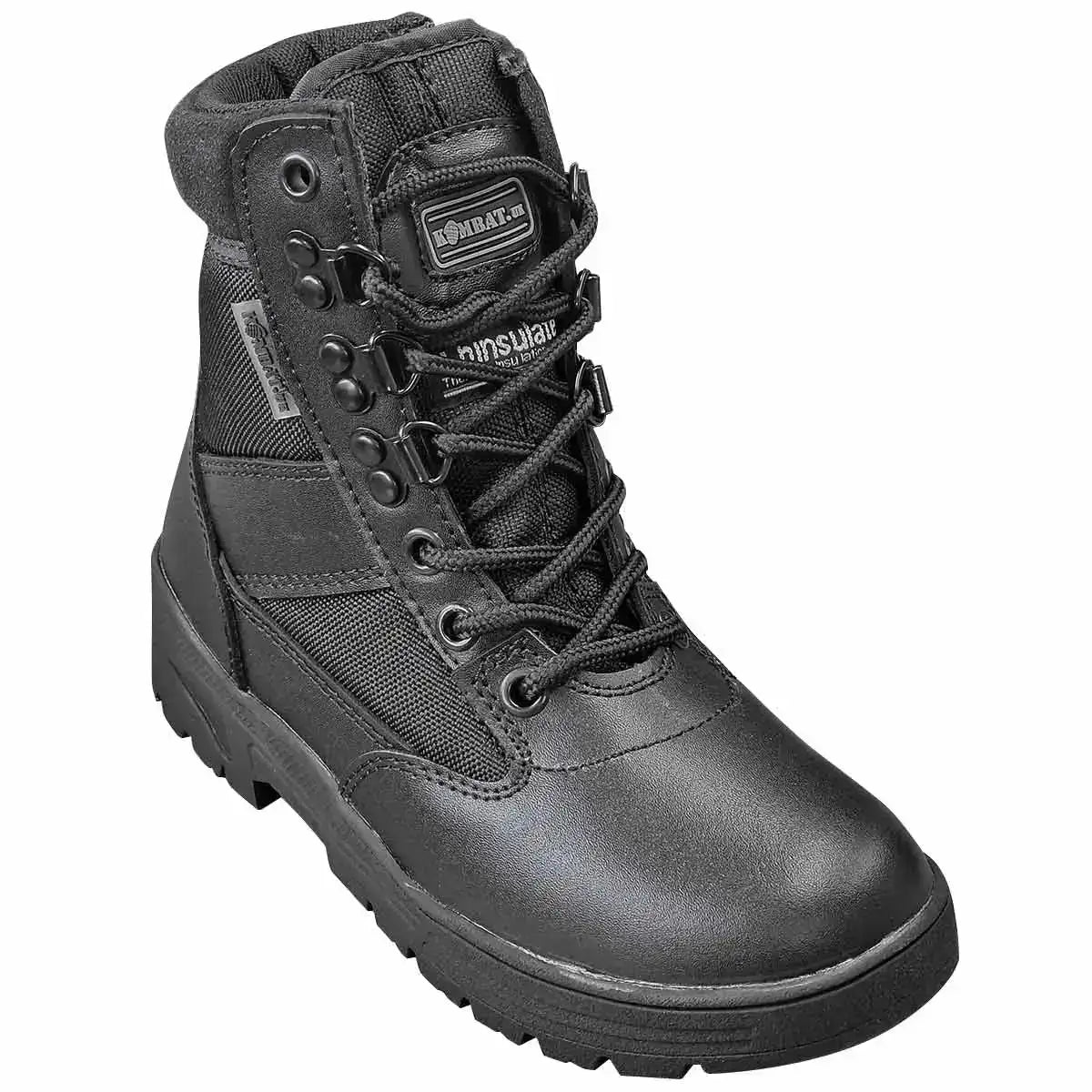 Single Kombat Kids Half Leather Patrol Black Boot showcasing durable leather and nylon upper with reinforced eyelets and ankle support. from John Bull Clothing from John Bull Clothing