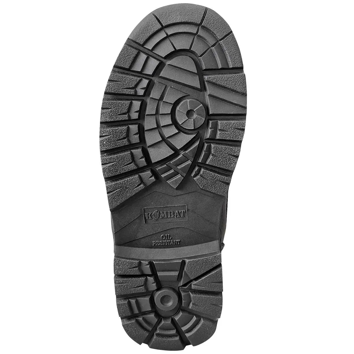 Outsole of Kombat Kids Half Leather Patrol Black Boot with deep tread pattern for enhanced traction and oil-resistant grip.