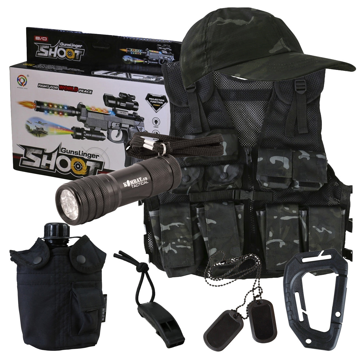 Kombat Kids Special Forces Set BTP Black includes a tactical vest, cap, flashlight, canteen, whistle, dog tags, and toy gun for military role-play.