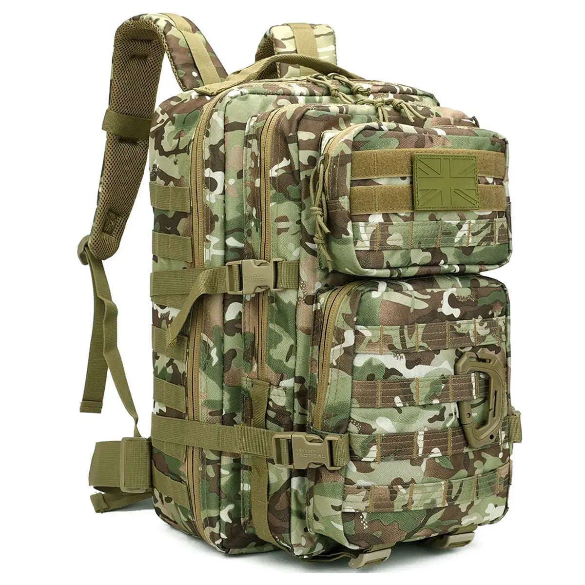 Angled view of Kombat Trooper Assault Pack 40 Litre BTP highlighting rugged polyester build and tactical storage options for cadets and hikers.
