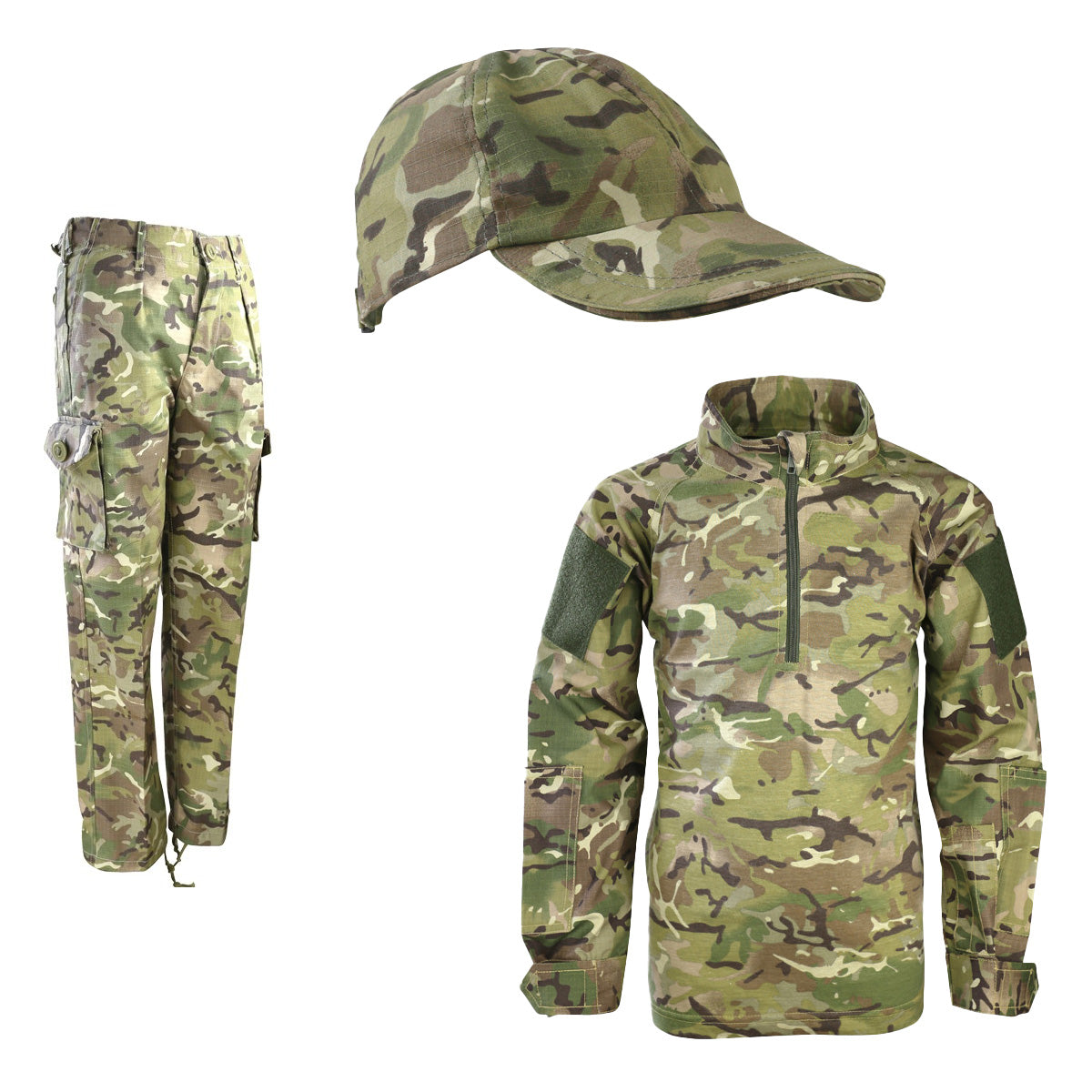 Kombat Trooper Kids Army Clothing Set BTP featuring a camouflage jacket, trousers, and cap. Perfect for outdoor adventures and military-style play.