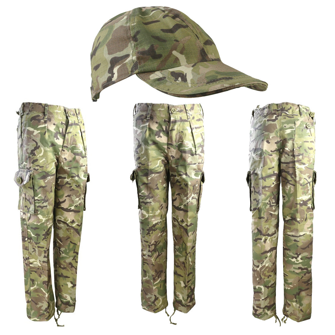 Kids army trousers and cap in BTP camouflage pattern. Durable and comfortable military-style uniform for young adventurers.