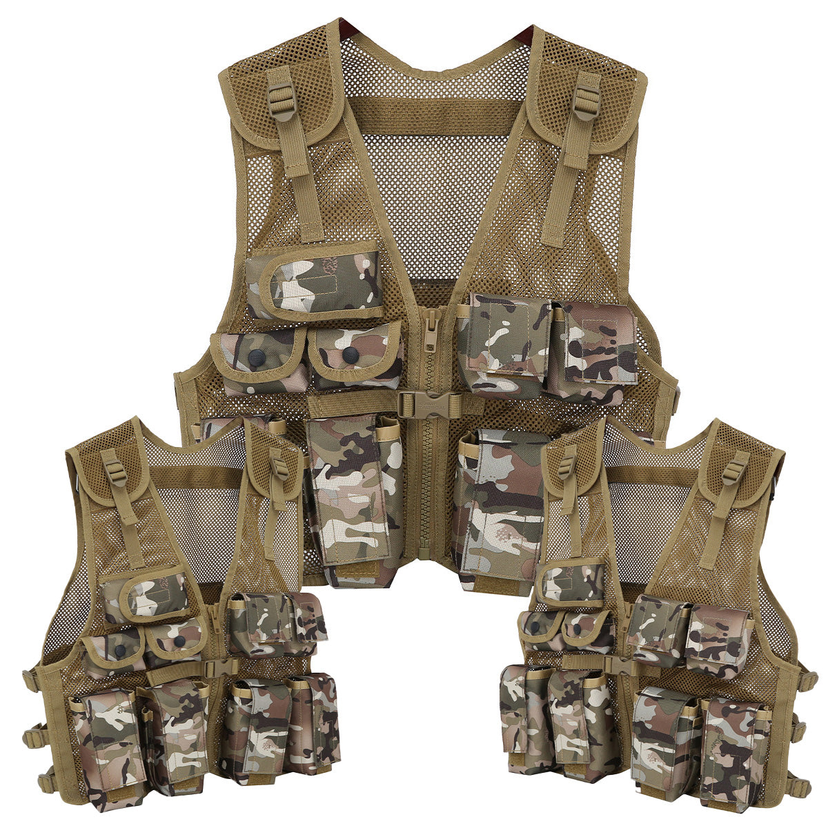 Kids tactical vest in camouflage BTP pattern with multiple pockets for storage. Ideal for military-style play and outdoor activities.