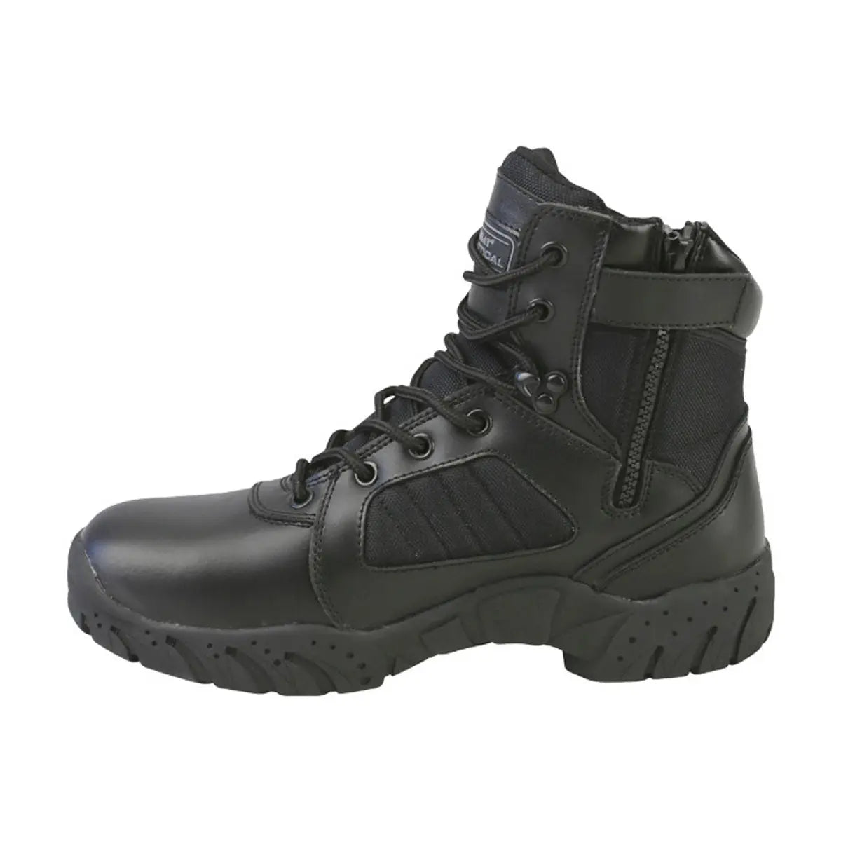 Side view of Kombat UK 6 Inch Pro Side Zip Combat Black Boots showing durable leather, nylon panels, and easy-access side zipper for quick wear.