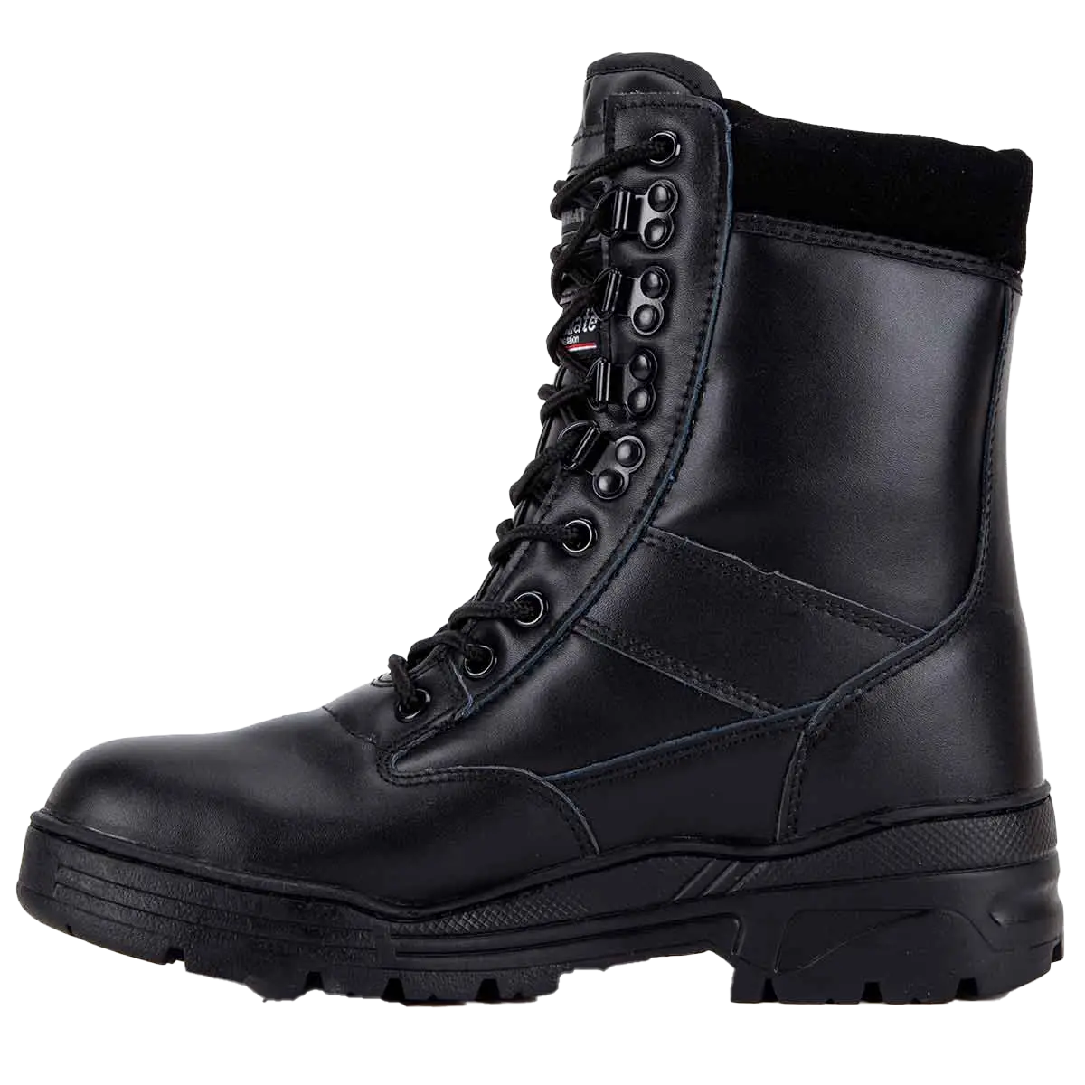Opposite side view of Kombat UK All Leather Patrol Boot Black with metal eyelets and slip-resistant outsole | John Bulls