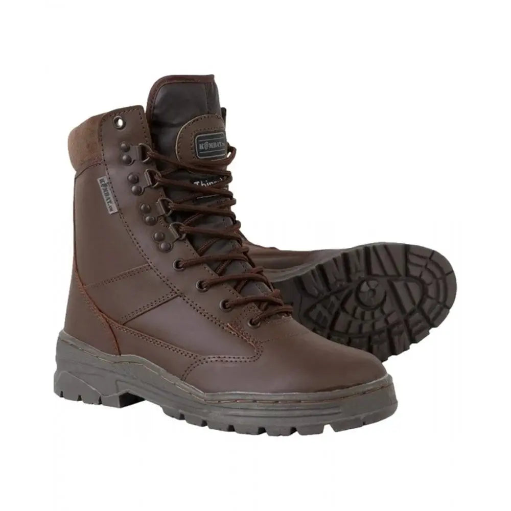 Side and sole view of Kombat UK Leather Patrol Boots MoD Brown showing reinforced tread and padded collar for comfort and grip in tactical environments.