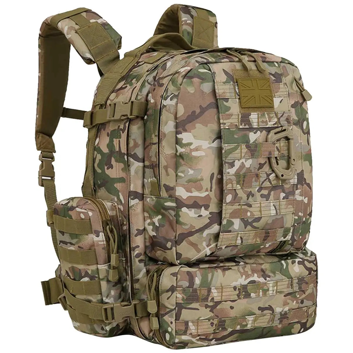 Side angle of Kombat Viking Patrol Pack 60 Litre BTP - Tactical Backpack highlighting side pouches, compression straps, and camo finish.