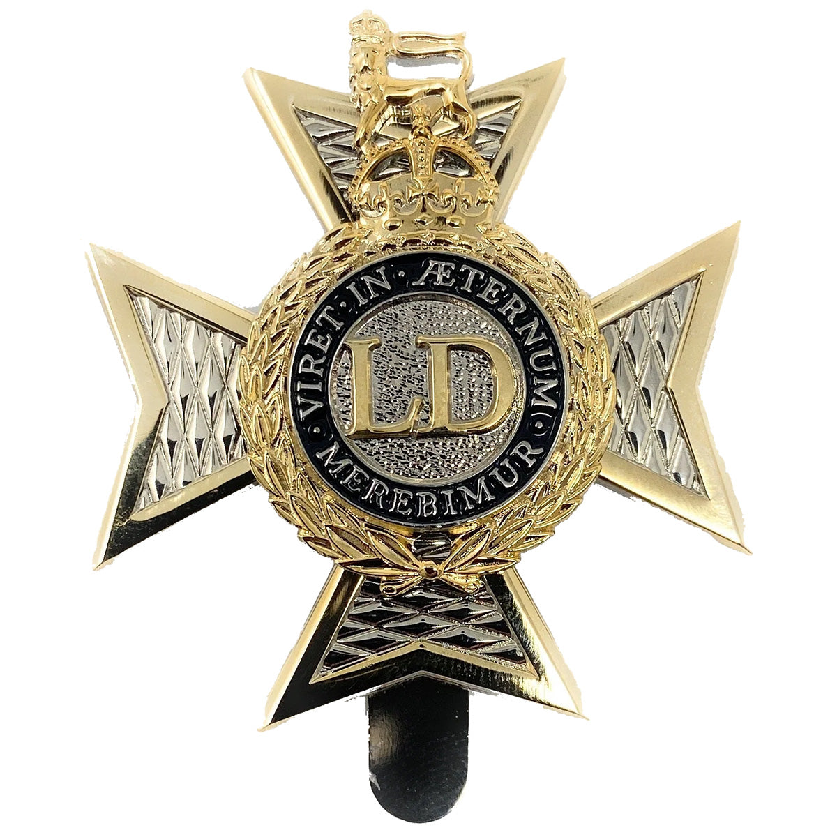 Light Dragoons Cap Badge with Kings Tudor Crown in brass and silver finish, featuring LD initials and Latin motto, ideal for military berets.