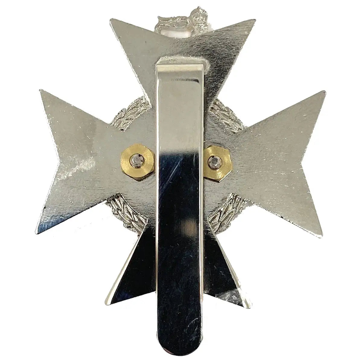 Rear view of Light Dragoons Cap Badge with Kings Tudor Crown showing sliding arm attachment for secure beret fitting, made to MoD specifications. from John Bull Clothing