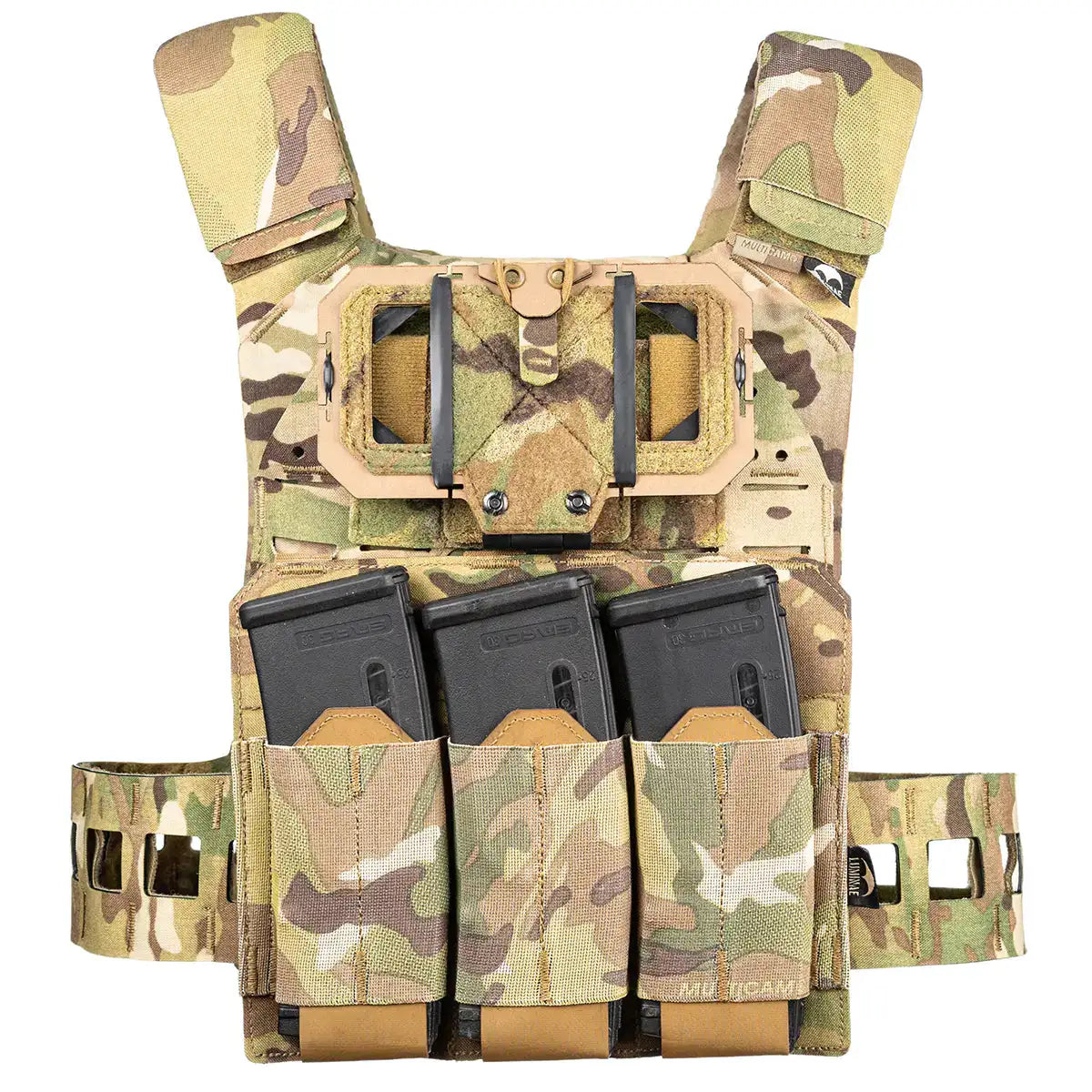 Camo tactical phone mount pouch with Velcro straps, durable Cordura material, camouflage pattern, and multiple magazine pouches for military gear