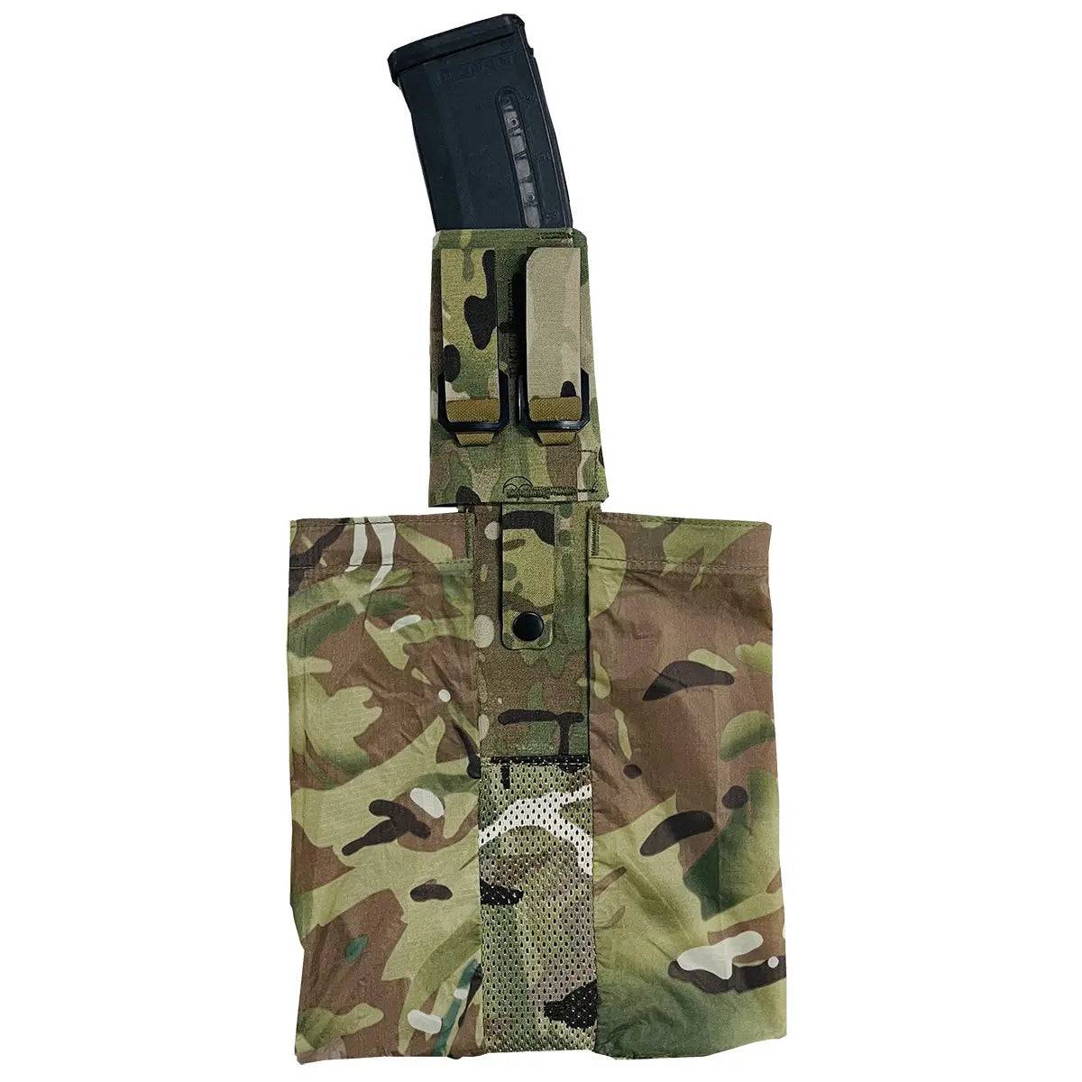 Rear view of the Luminae Assault Pouch Multicam, showcasing MOLLE compatibility and reinforced stitching for secure attachment to gear.