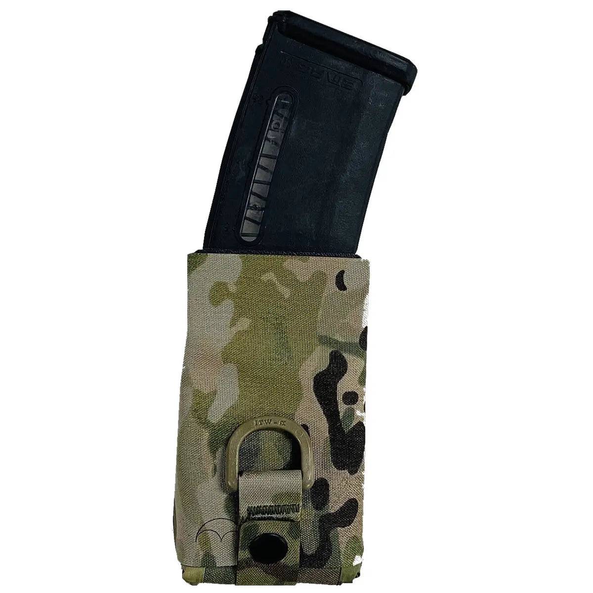 Multicam Luminae Assault Pouch with a secure magazine holder, designed for military and tactical applications with rugged Cordura material.