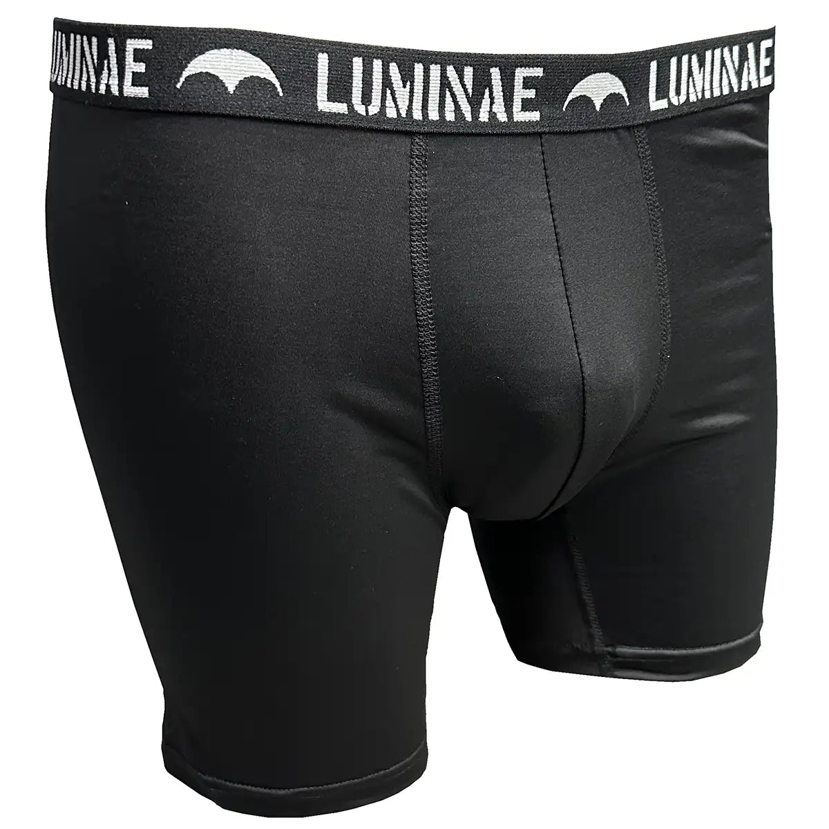 Front view of a single Luminae Battle Boxer Short in black, featuring a stretch fit and bold Luminae logo waistband.