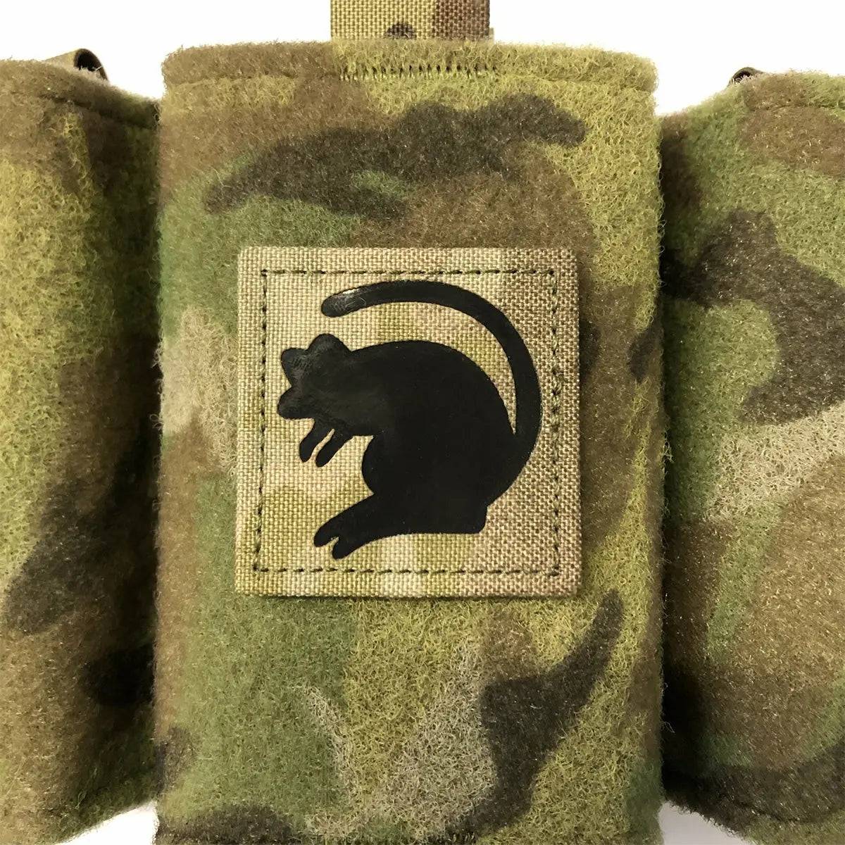 Luminae Black Rats Non-IR TRF Patch securely attached to Multicam tactical gear. Hook & loop backing ensures easy application for military and outdoor use.