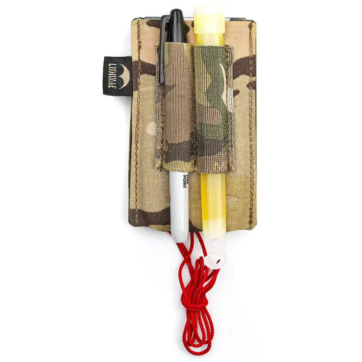 Multicam camouflage pouch with elastic loops holding a black marker and yellow whistle, made of durable Cordura material, designed for tactical use - SKU: JB1358