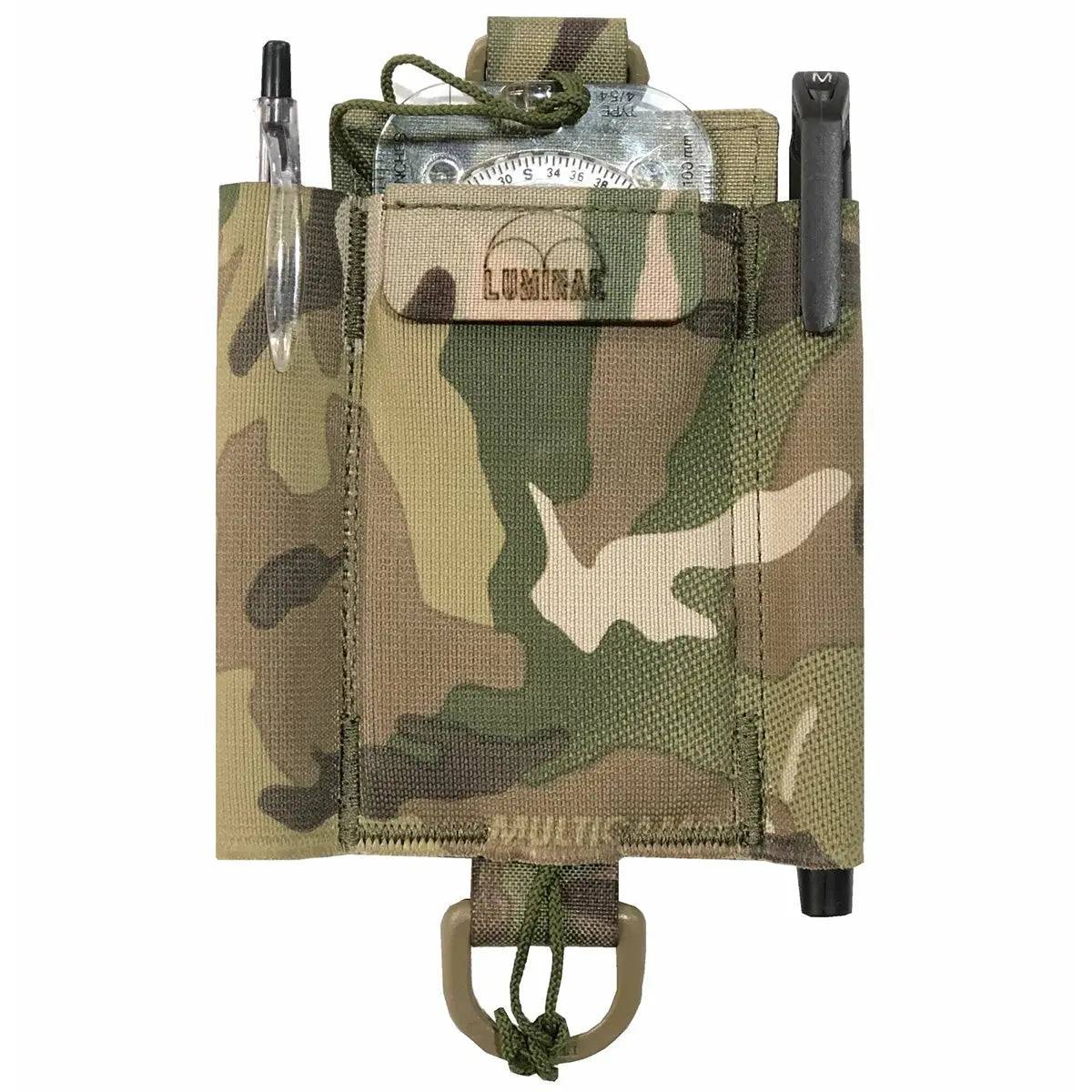 Luminae Compass Pouch Multicam securely holding a compass and pens, designed for military and outdoor navigation. Durable Cordura fabric for rugged use.
