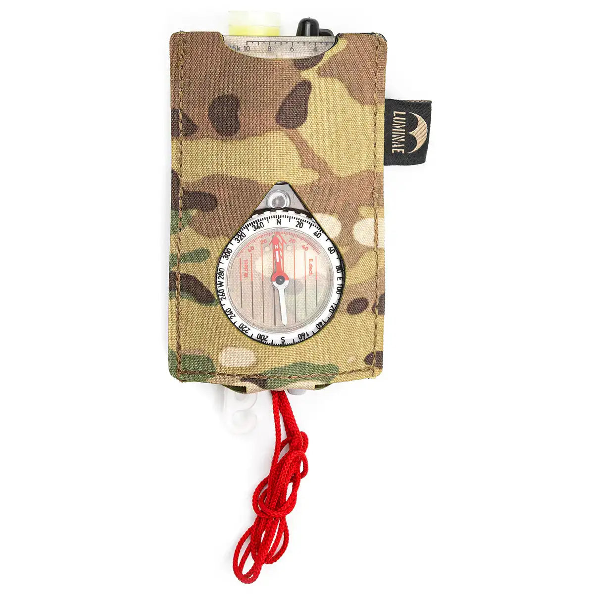 Front view of camouflage Luminae Compass Pouch with a transparent window for compass display, multiple tools stored inside