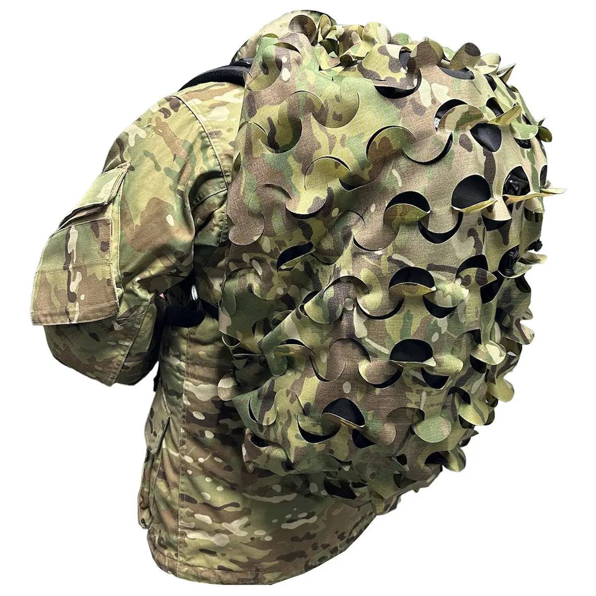 Side view of Luminae Daysack Scrim Cover MTP on a backpack, demonstrating its effective camouflage pattern for outdoor and military applications.