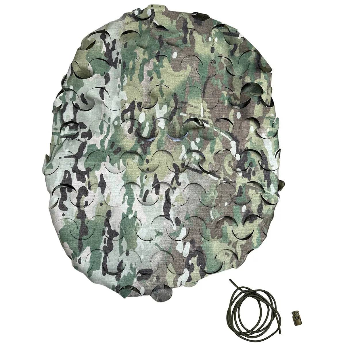 Luminae Daysack Scrim Cover MTP with included drawstring and cord lock, designed for secure attachment to backpacks in tactical settings.