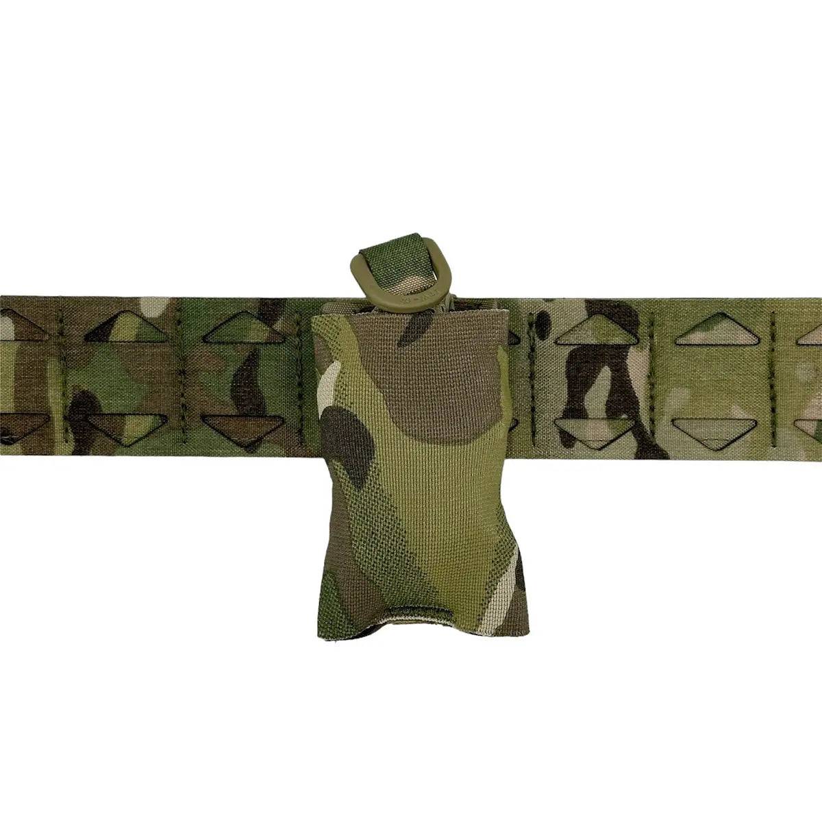 Compact and folded Luminae Multicam Dump Pouch MTP attached to a MOLLE belt, showcasing its space-saving design.