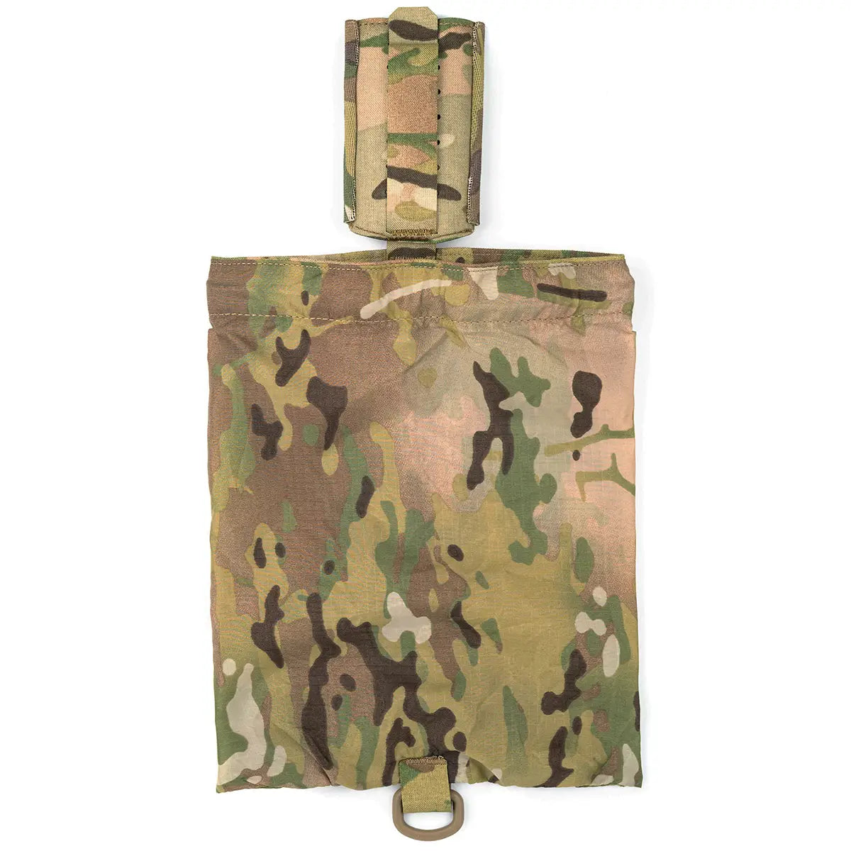Multicam camouflage dump pouch made of durable Cordura fabric with a top flap and side pouch for holding magazines and gear, featuring a metal D-ring at the bottom for attachment.
