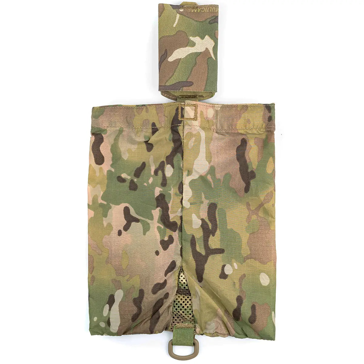 Multicam camouflage dump pouch made of durable Cordura fabric with adjustable strap and metal D-ring for tactical gear storage