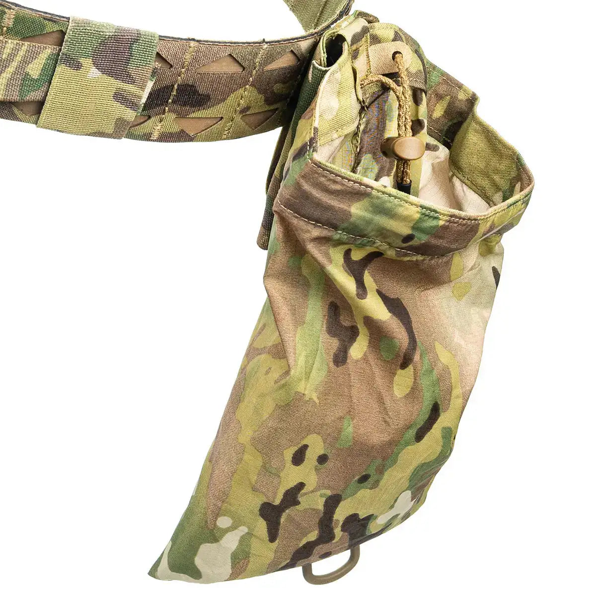 Multicam camouflage dump pouch with adjustable drawstring closure, designed for holding magazines and small gear, attached to a tactical belt. from John Bull Clothing