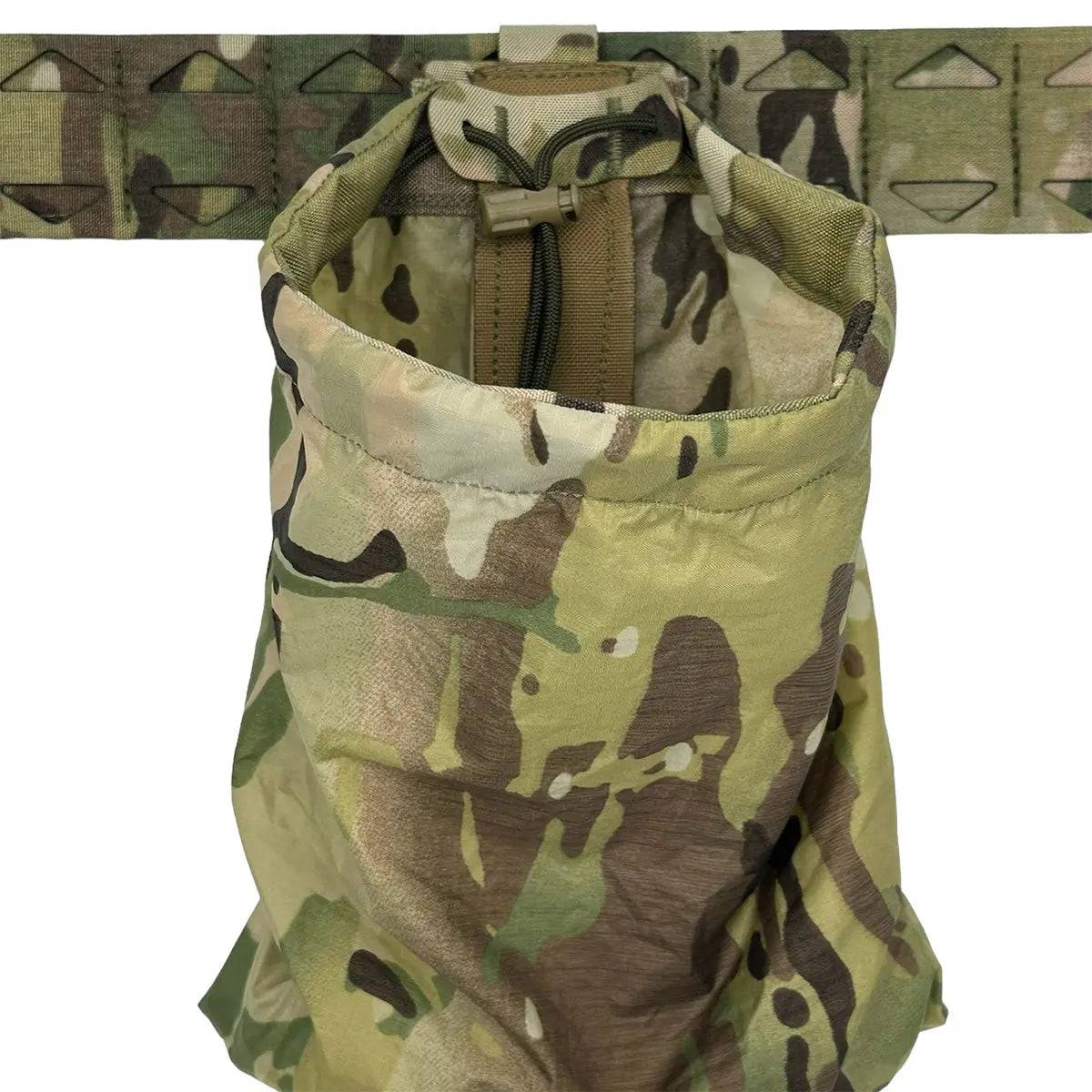 Luminae Multicam Dump Pouch MTP attached to a tactical belt, designed for storing spent magazines and essential gear securely.