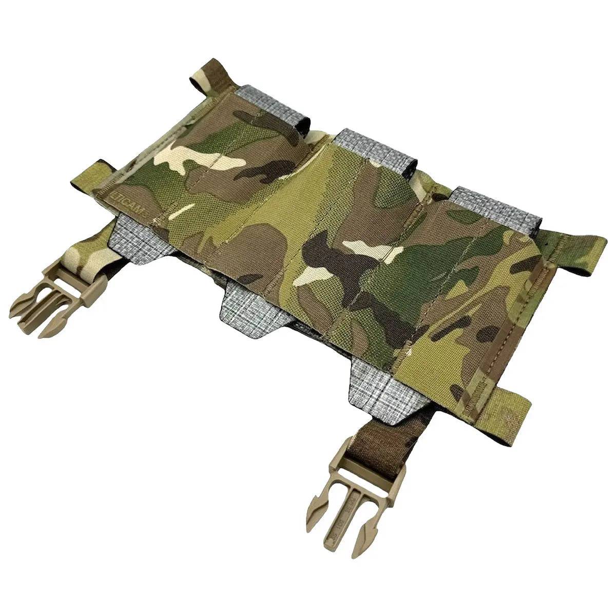 Angled view of the Luminae Elastic Triple Mag Pouch MTP, displaying its durable multicam Cordura fabric and quick-release buckle system.