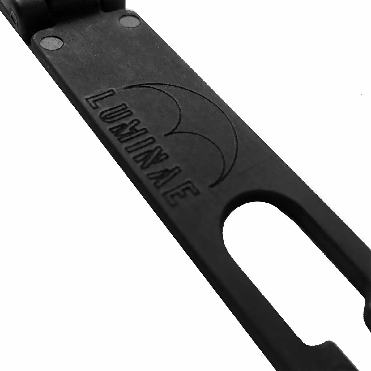 Close-up of Luminae branding on Garmin Foretex Mount 601/701, highlighting durable construction for outdoor shooting accessories.