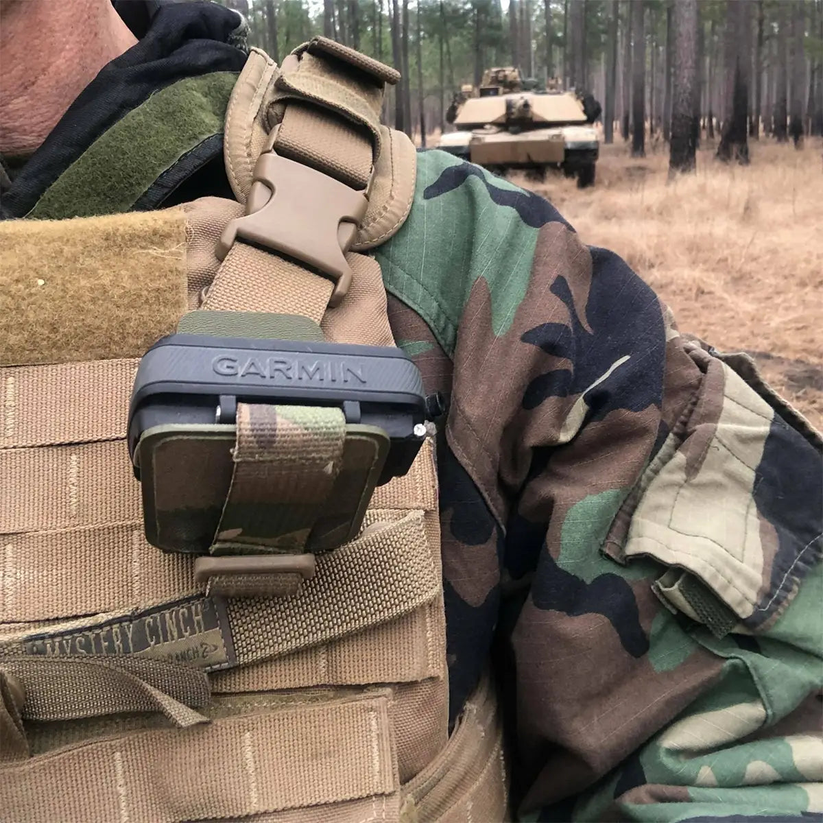 Garmin Foretex 601/701 secured in Luminae mount on shoulder strap, ideal for military navigation and outdoor tactical missions.