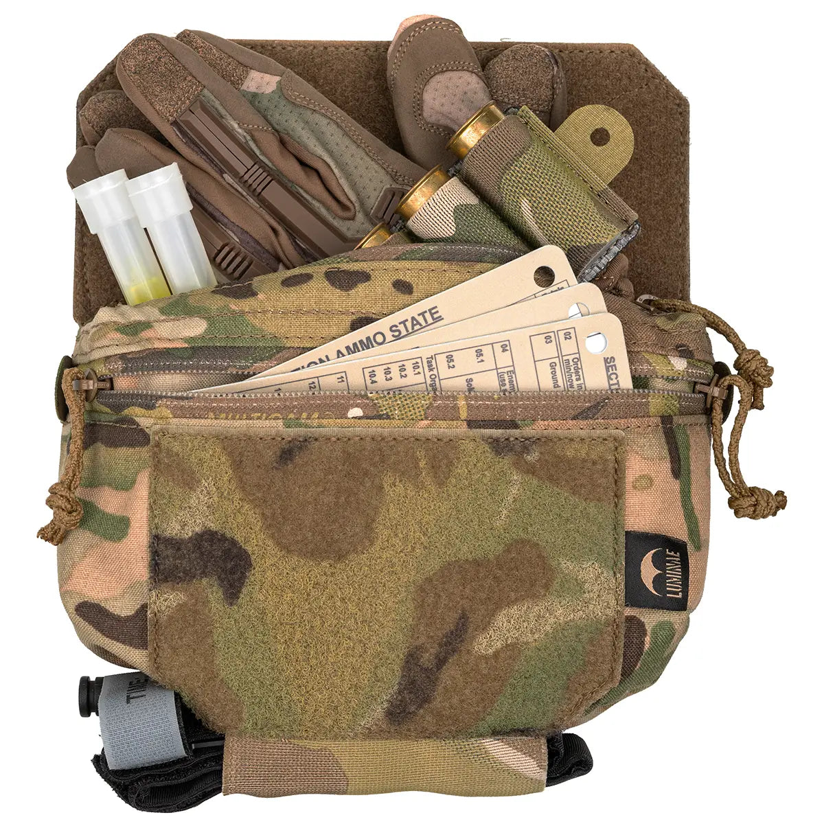 Tactical Multicam camouflage pouch with Velcro flap, elastic loops, and zippered pocket, filled with small tools and supplies for outdoor use - SKU: JB1288