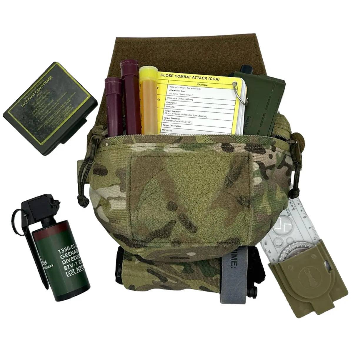 Luminae Multicam Hanger Pouch MTP filled with essential tactical gear, including notepads, grenades, and navigation tools for military or outdoor use.