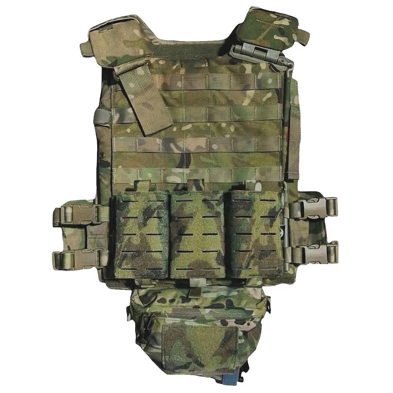 Luminae Multicam Hanger Pouch MTP securely attached to a tactical vest, providing easy access to essential gear for military and outdoor operations.