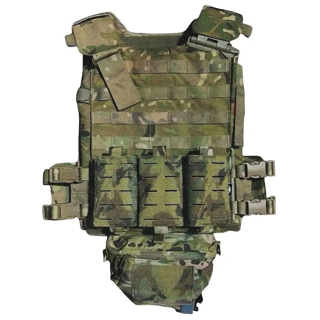 Luminae Multicam Hanger Pouch MTP securely attached to a tactical vest, providing easy access to essential gear for military and outdoor operations. from John Bull Clothing