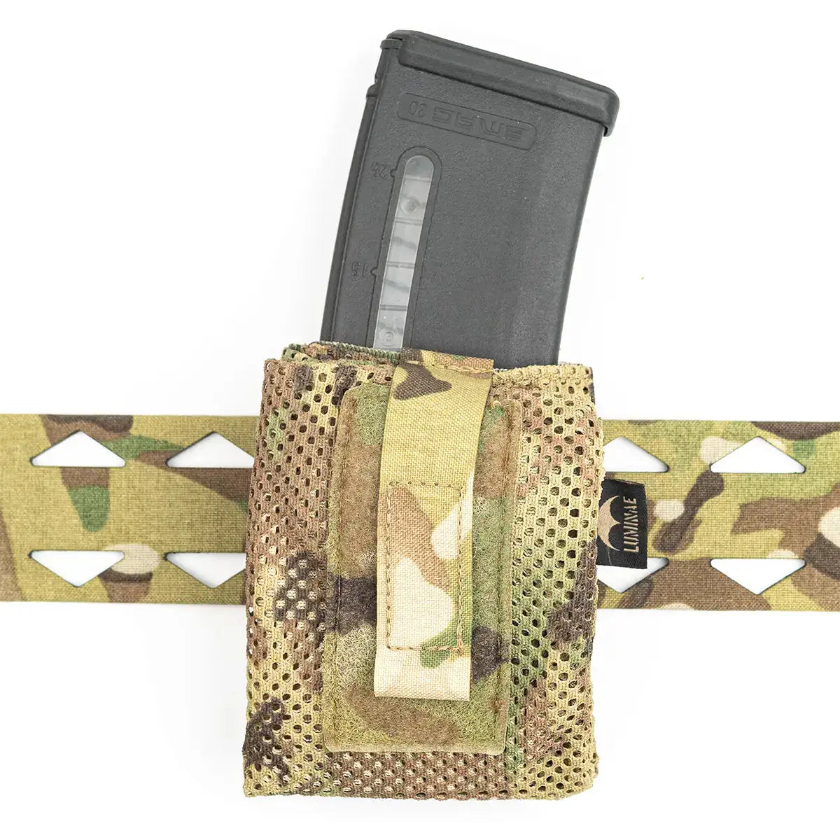 Multicam camouflage dump pouch with mesh pocket and elastic strap, designed for ammunition storage, attached to tactical belt