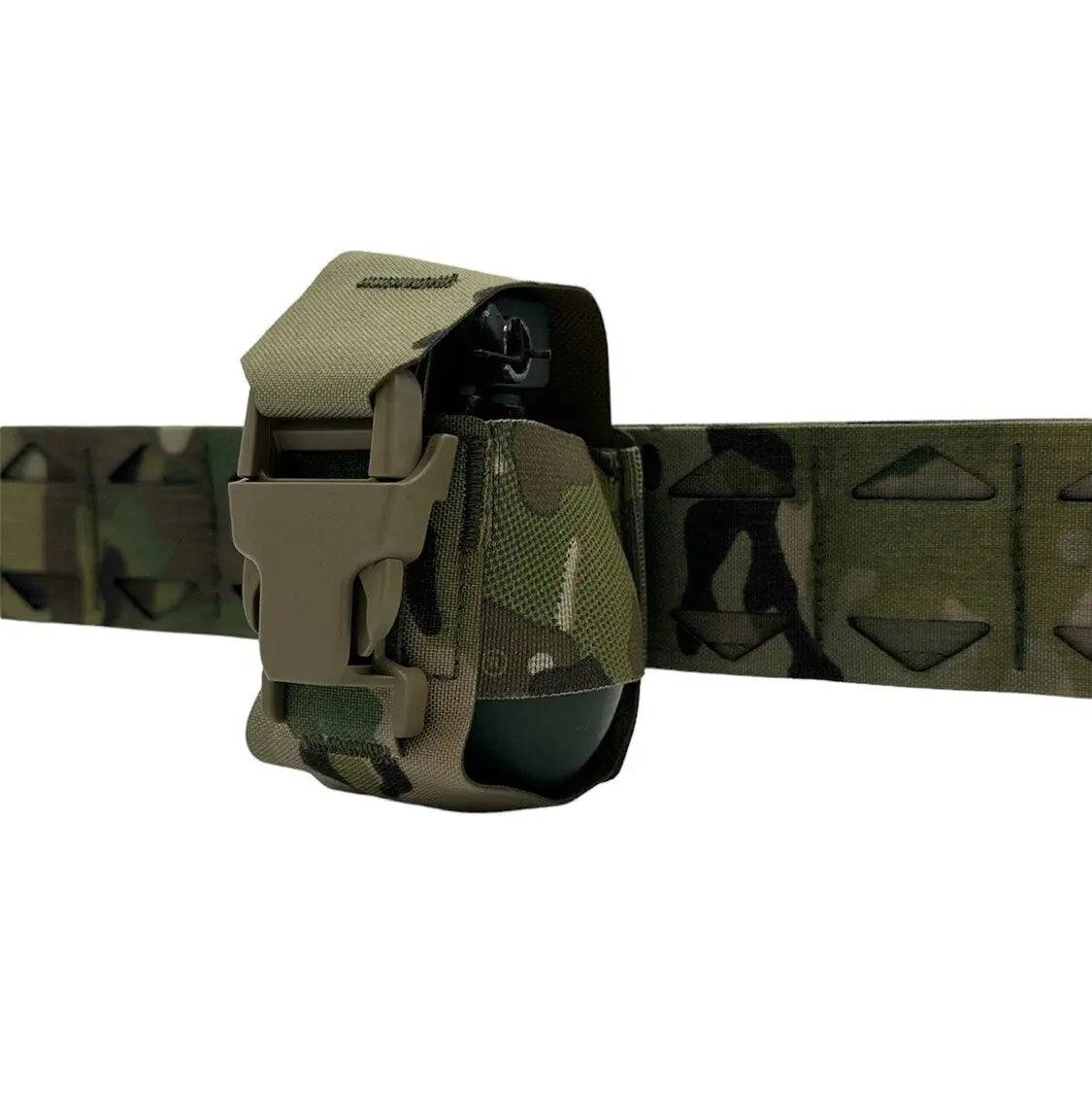 Luminae Multicam Frag Grenade Pouch securely attached to a tactical belt, offering quick access and secure storage for fragmentation grenades. Rugged MTP camouflage design.